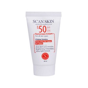 کرم ضد آفتاب بدون رنگ اسکن اسکین مدل SPF50 محافظ UVA ،UVB، ضد لک، روشن‌کننده، مناسب انواع پوست حجم 40 میلی‌لیتر